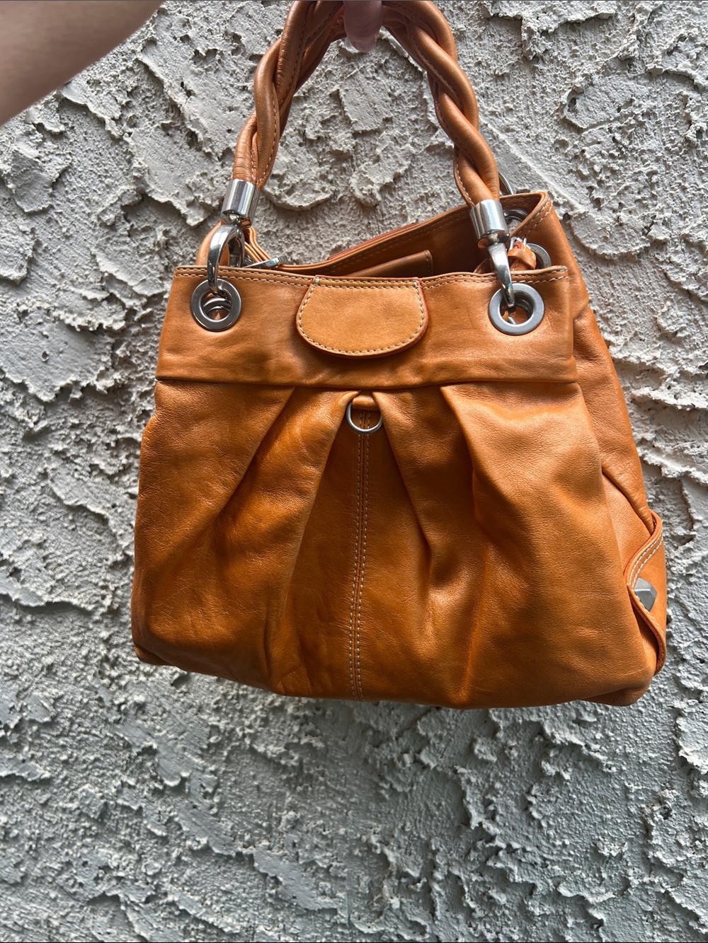 Braided-Handle Orange Leather Shoulder Bag for Women